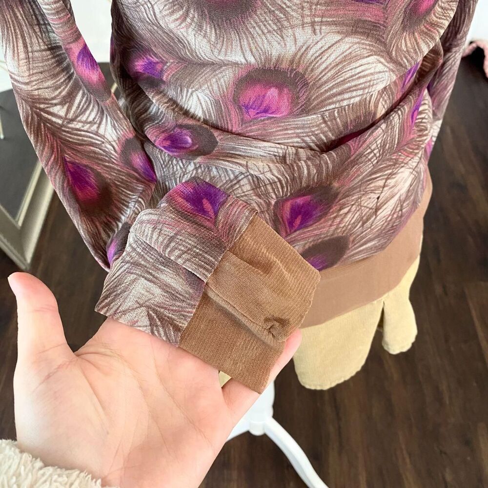 The Limited Early 2000's Purple Pink Brown Mesh Peacock Print Long Sleeve Top L - Picture 5 of 6